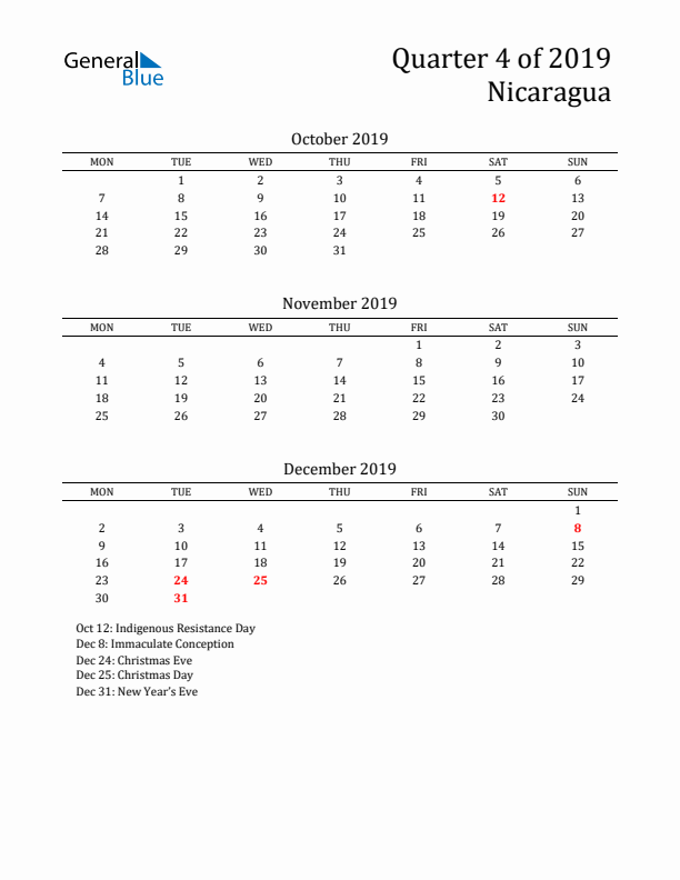 Quarter 4 2019 Nicaragua Quarterly Calendar