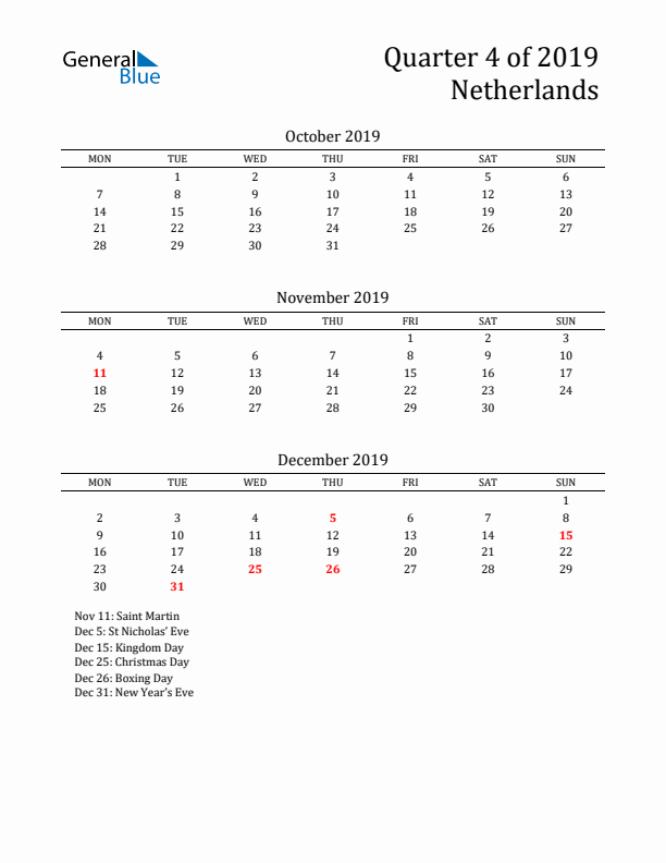 Quarter 4 2019 The Netherlands Quarterly Calendar