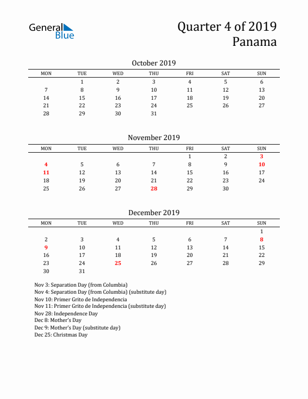 Quarter 4 2019 Panama Quarterly Calendar