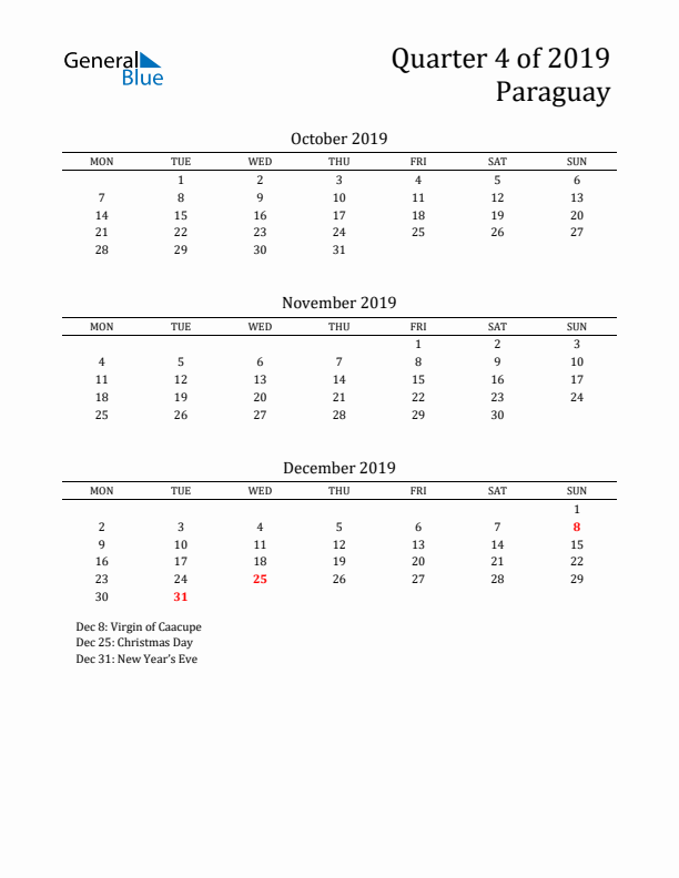 Quarter 4 2019 Paraguay Quarterly Calendar