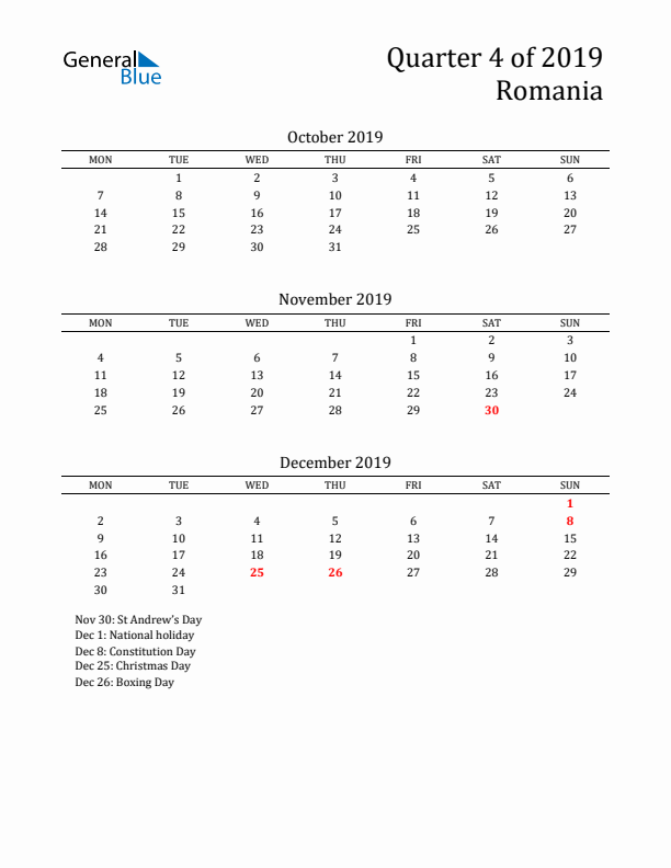 Quarter 4 2019 Romania Quarterly Calendar