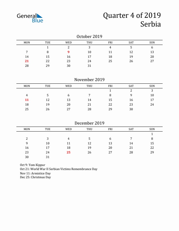 Quarter 4 2019 Serbia Quarterly Calendar