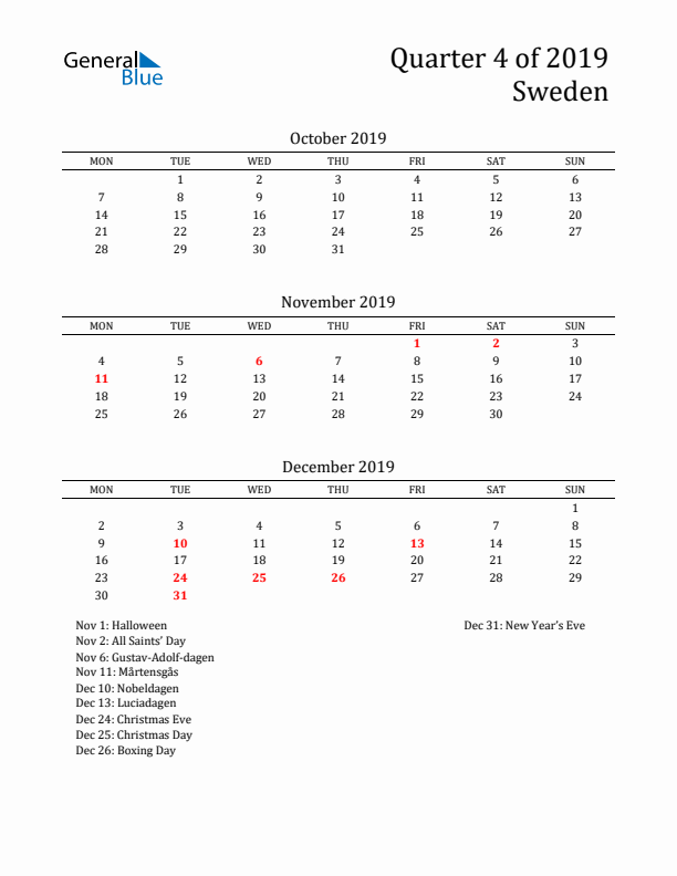 Quarter 4 2019 Sweden Quarterly Calendar