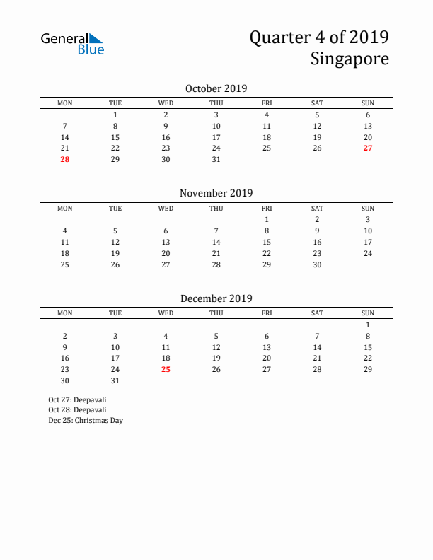 Quarter 4 2019 Singapore Quarterly Calendar