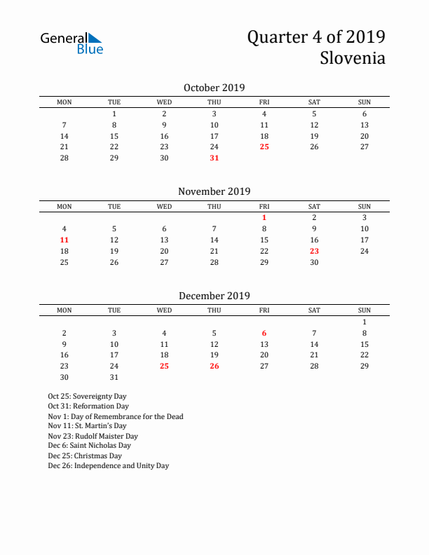 Quarter 4 2019 Slovenia Quarterly Calendar