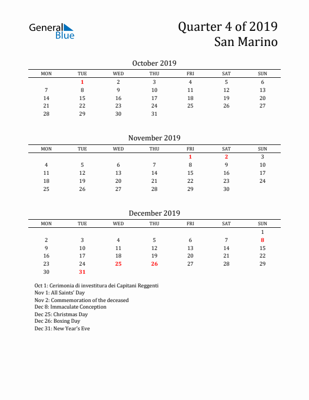 Quarter 4 2019 San Marino Quarterly Calendar