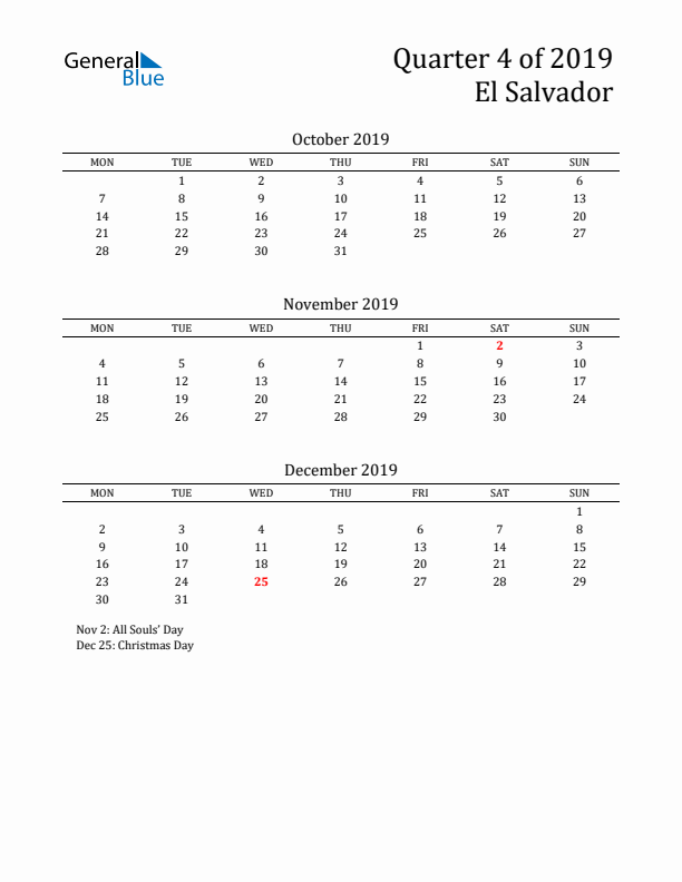 Quarter 4 2019 El Salvador Quarterly Calendar