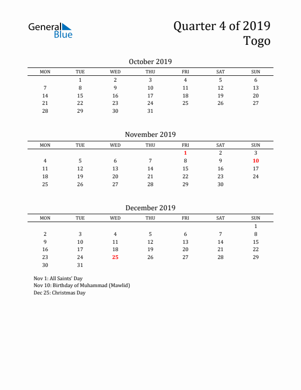 Quarter 4 2019 Togo Quarterly Calendar