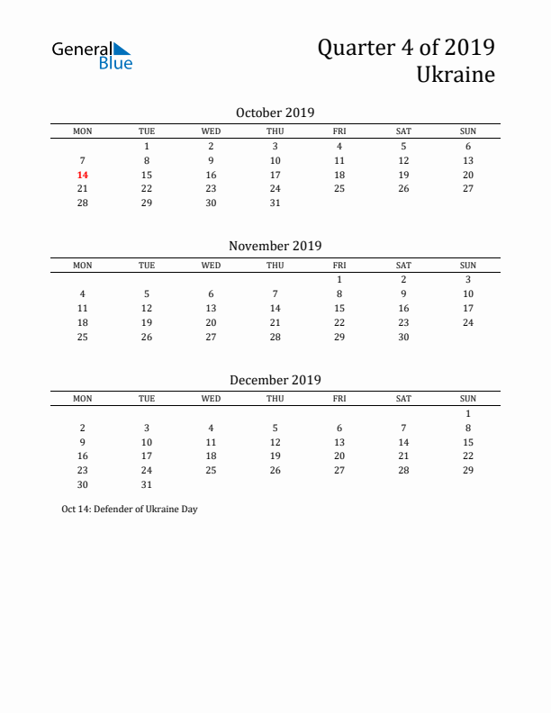 Quarter 4 2019 Ukraine Quarterly Calendar