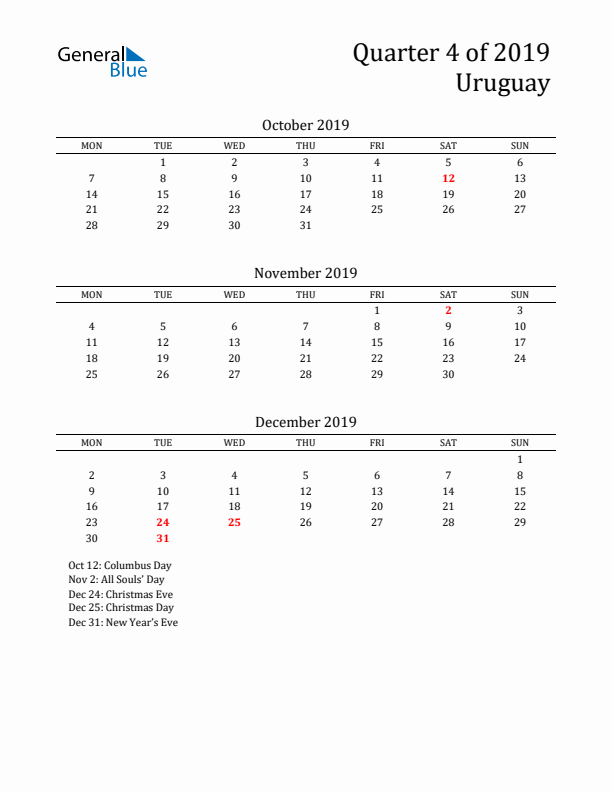 Quarter 4 2019 Uruguay Quarterly Calendar