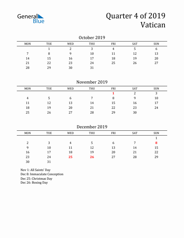 Quarter 4 2019 Vatican Quarterly Calendar