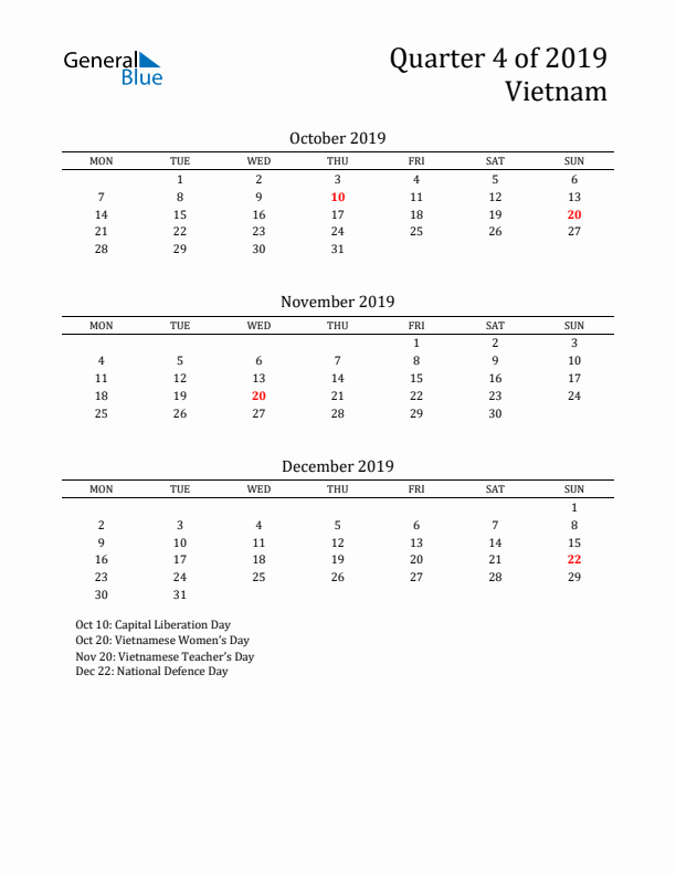 Quarter 4 2019 Vietnam Quarterly Calendar