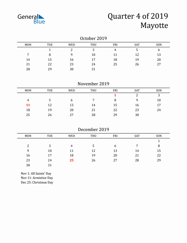 Quarter 4 2019 Mayotte Quarterly Calendar