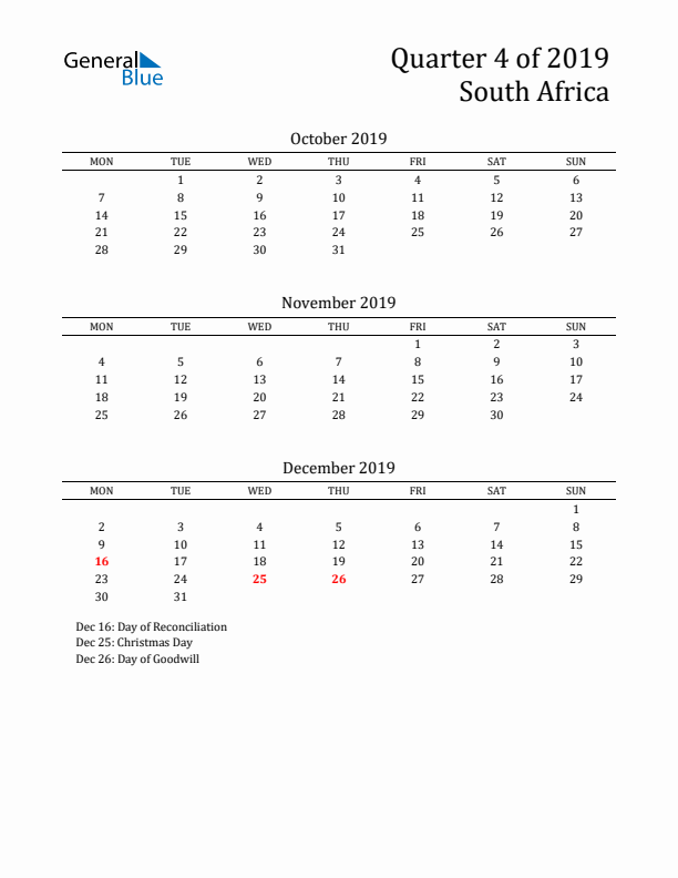 Quarter 4 2019 South Africa Quarterly Calendar