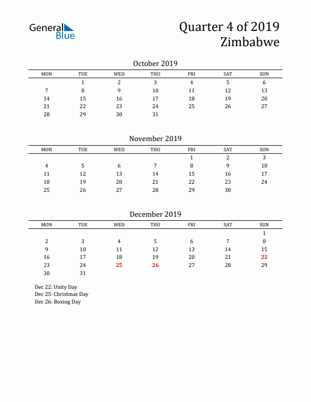 Quarter 4 2019 Zimbabwe Quarterly Calendar