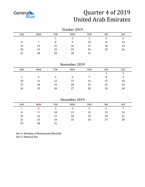 Quarter 4 2019 United Arab Emirates Quarterly Calendar