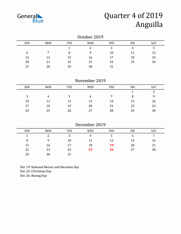 Quarter 4 2019 Anguilla Quarterly Calendar