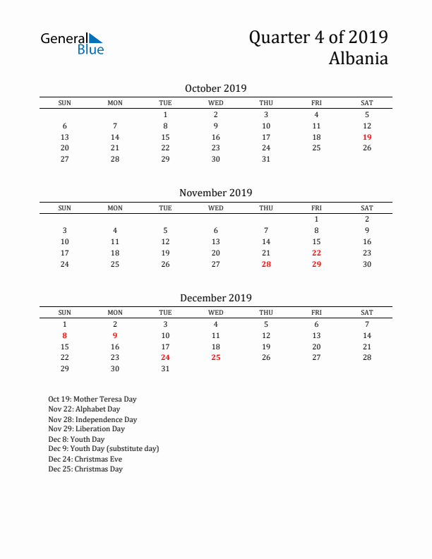 Quarter 4 2019 Albania Quarterly Calendar