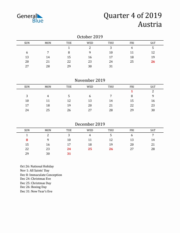 Quarter 4 2019 Austria Quarterly Calendar