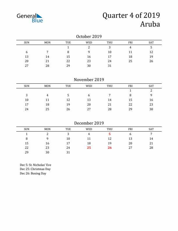 Quarter 4 2019 Aruba Quarterly Calendar