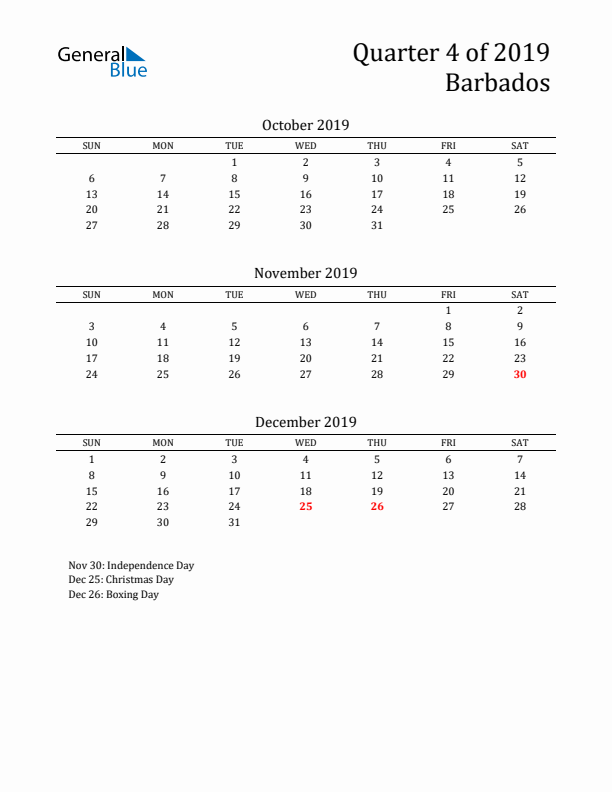 Quarter 4 2019 Barbados Quarterly Calendar