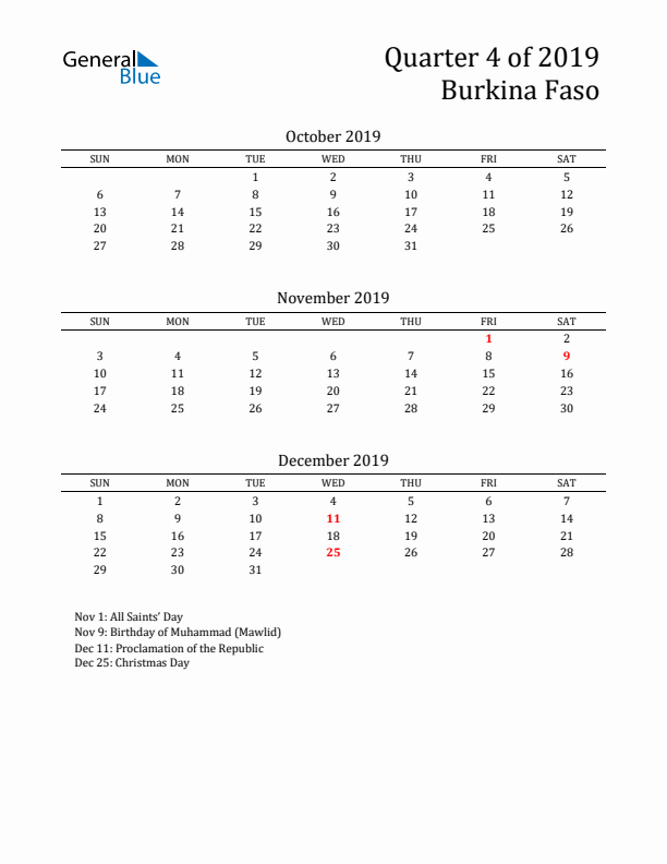 Quarter 4 2019 Burkina Faso Quarterly Calendar