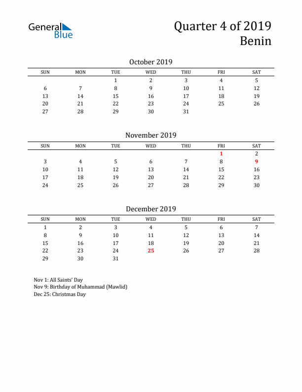 Quarter 4 2019 Benin Quarterly Calendar