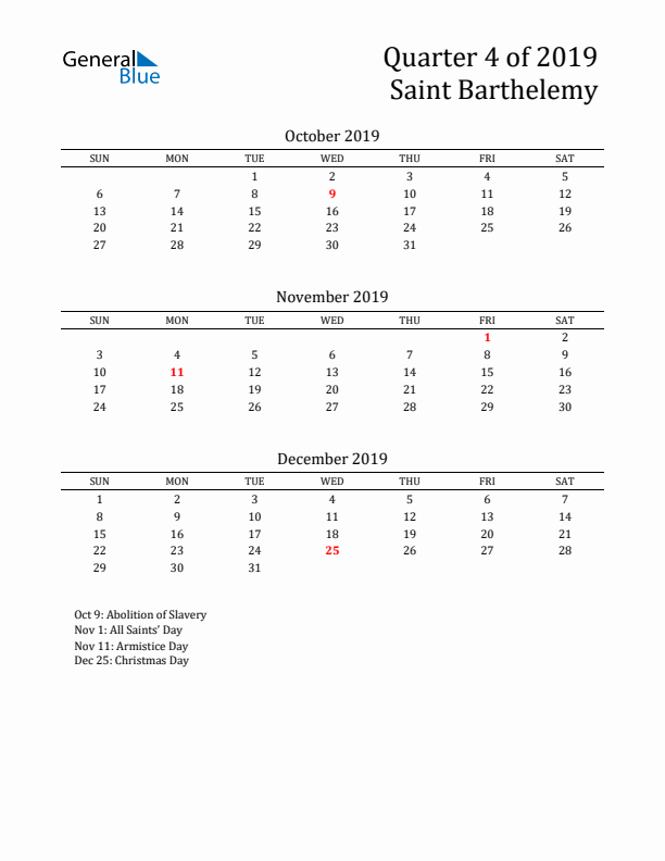 Quarter 4 2019 Saint Barthelemy Quarterly Calendar