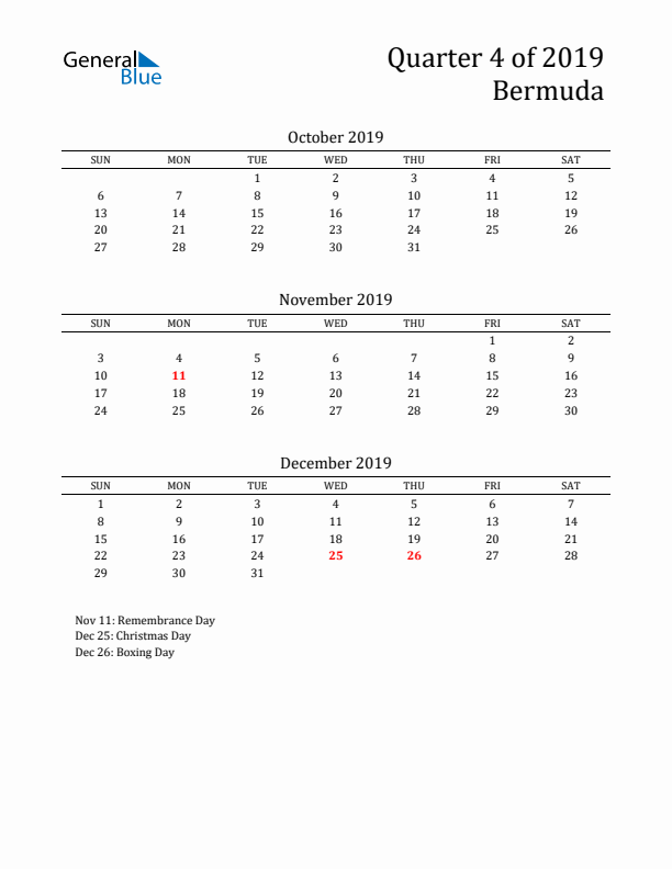 Quarter 4 2019 Bermuda Quarterly Calendar