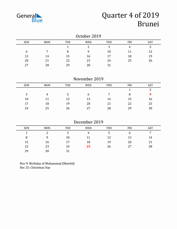 Quarter 4 2019 Brunei Quarterly Calendar