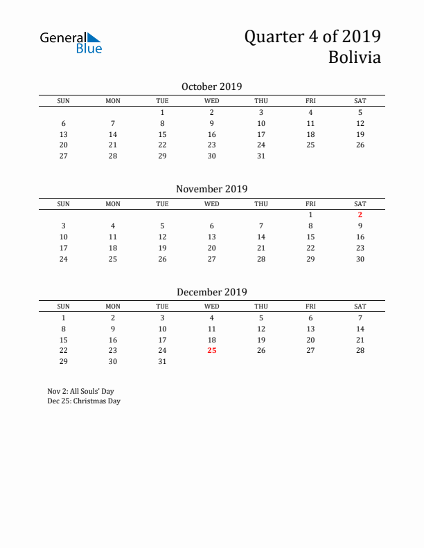 Quarter 4 2019 Bolivia Quarterly Calendar