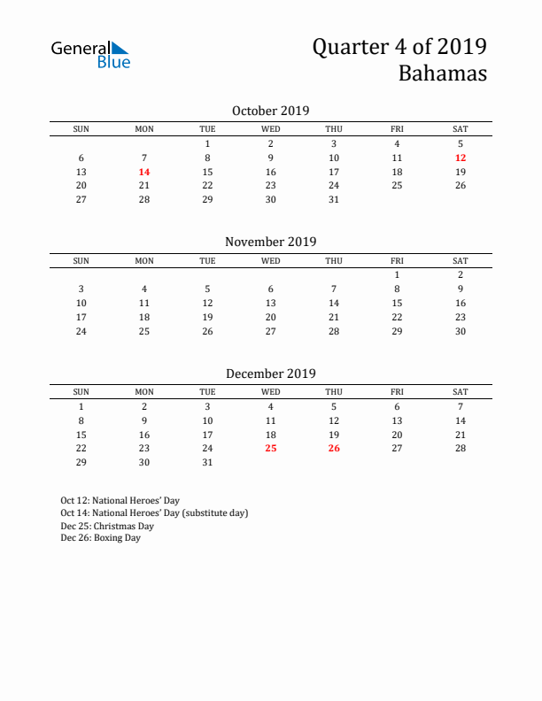 Quarter 4 2019 Bahamas Quarterly Calendar