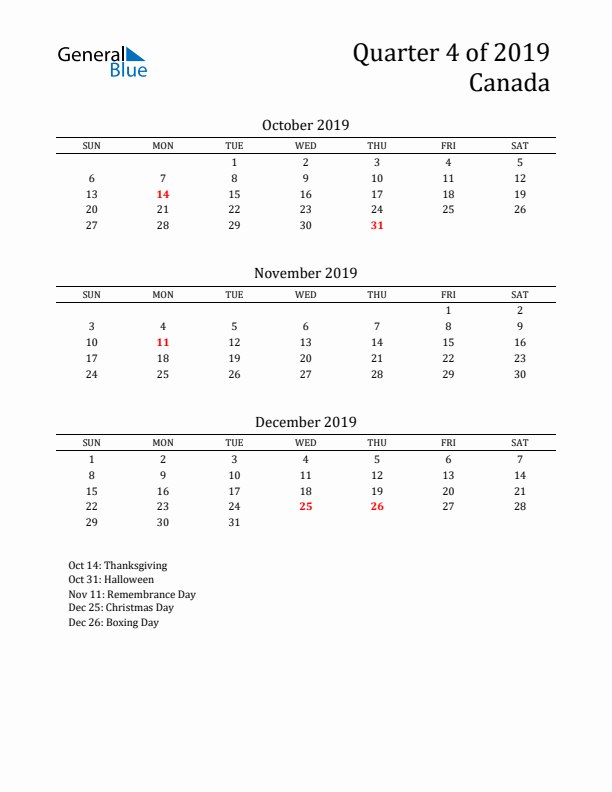 Quarter 4 2019 Canada Quarterly Calendar