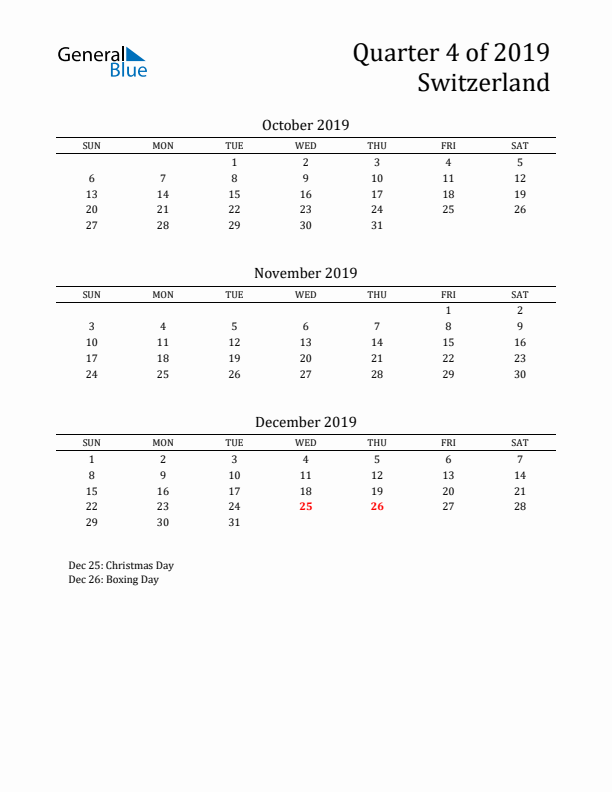 Quarter 4 2019 Switzerland Quarterly Calendar