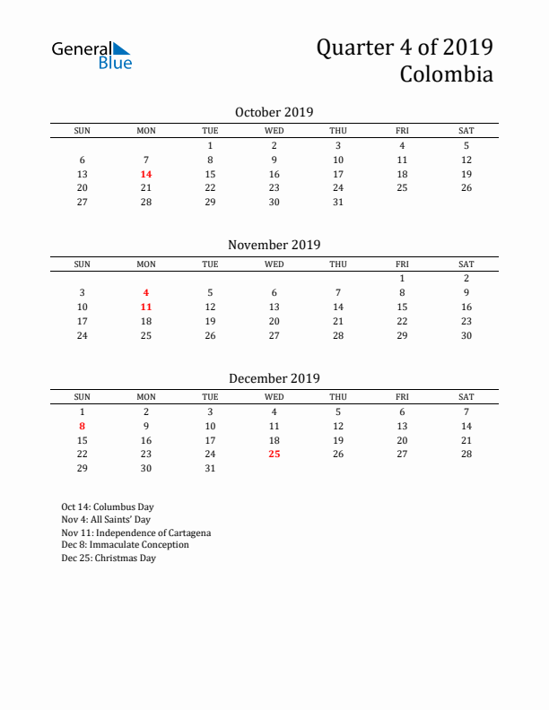 Quarter 4 2019 Colombia Quarterly Calendar