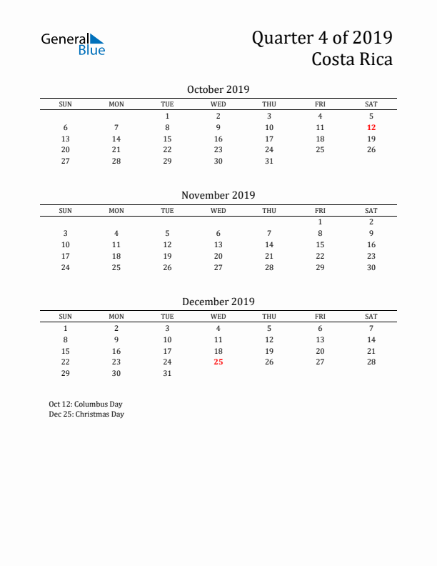 Quarter 4 2019 Costa Rica Quarterly Calendar