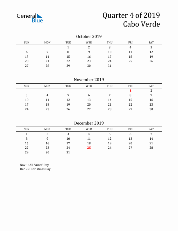 Quarter 4 2019 Cabo Verde Quarterly Calendar