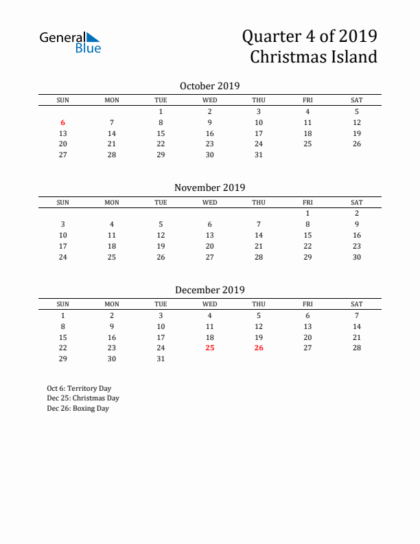 Quarter 4 2019 Christmas Island Quarterly Calendar