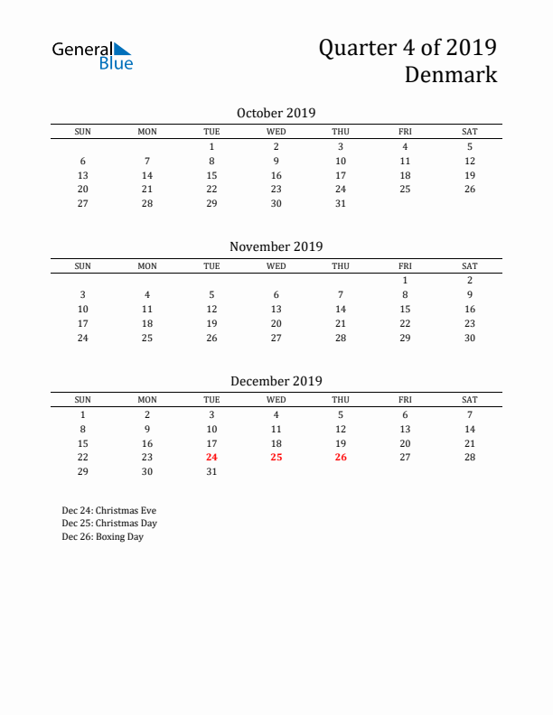 Quarter 4 2019 Denmark Quarterly Calendar