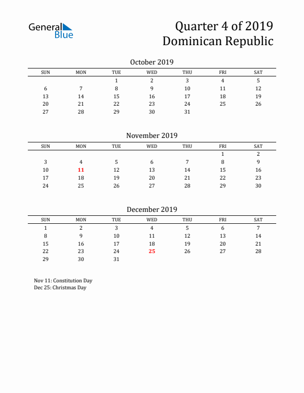 Quarter 4 2019 Dominican Republic Quarterly Calendar