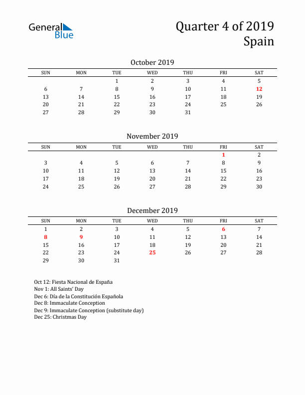 Quarter 4 2019 Spain Quarterly Calendar