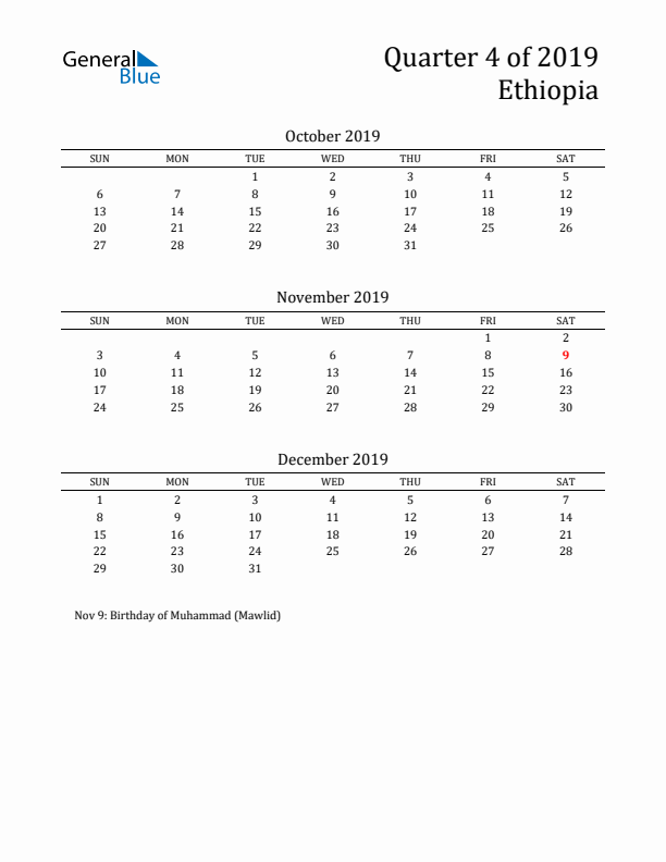 Quarter 4 2019 Ethiopia Quarterly Calendar