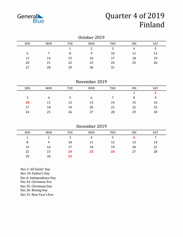 Quarter 4 2019 Finland Quarterly Calendar