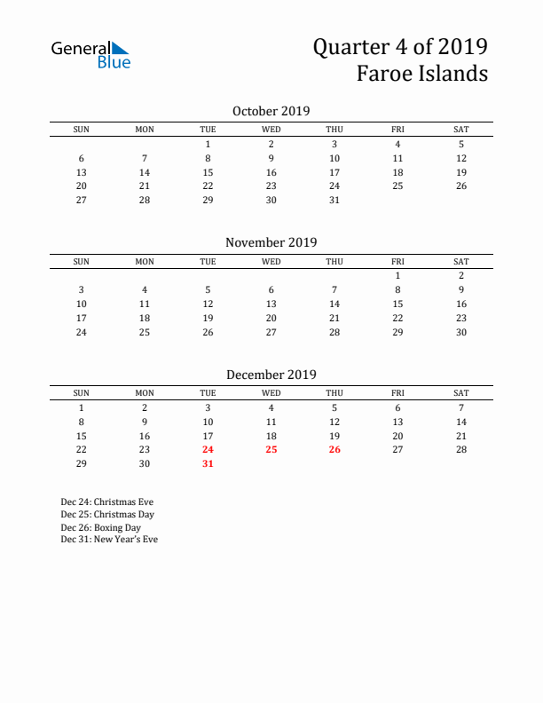 Quarter 4 2019 Faroe Islands Quarterly Calendar