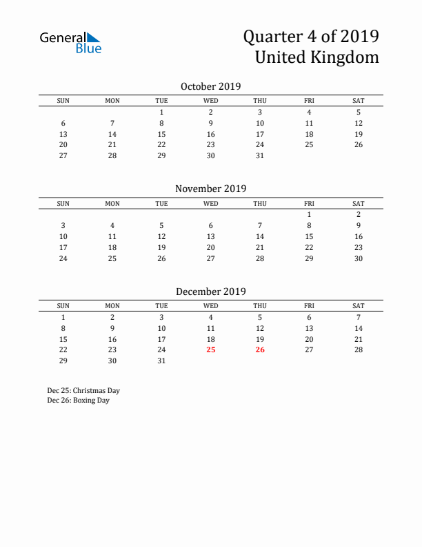 Quarter 4 2019 United Kingdom Quarterly Calendar