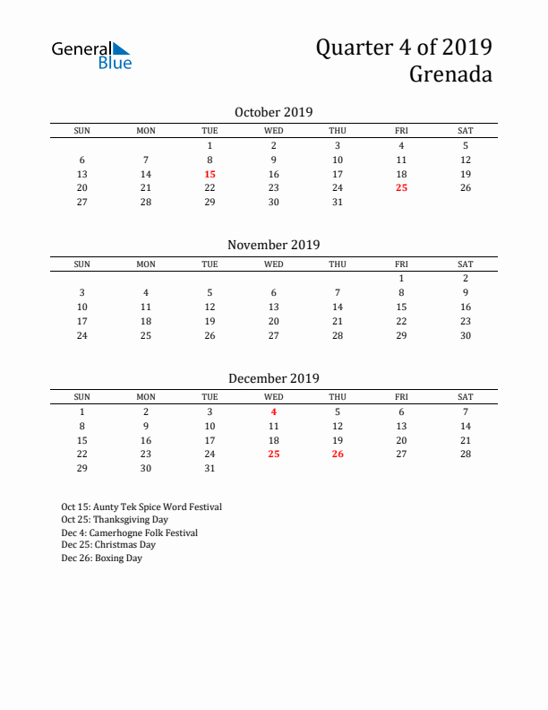 Quarter 4 2019 Grenada Quarterly Calendar