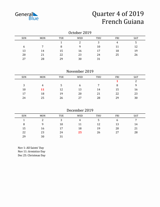 Quarter 4 2019 French Guiana Quarterly Calendar