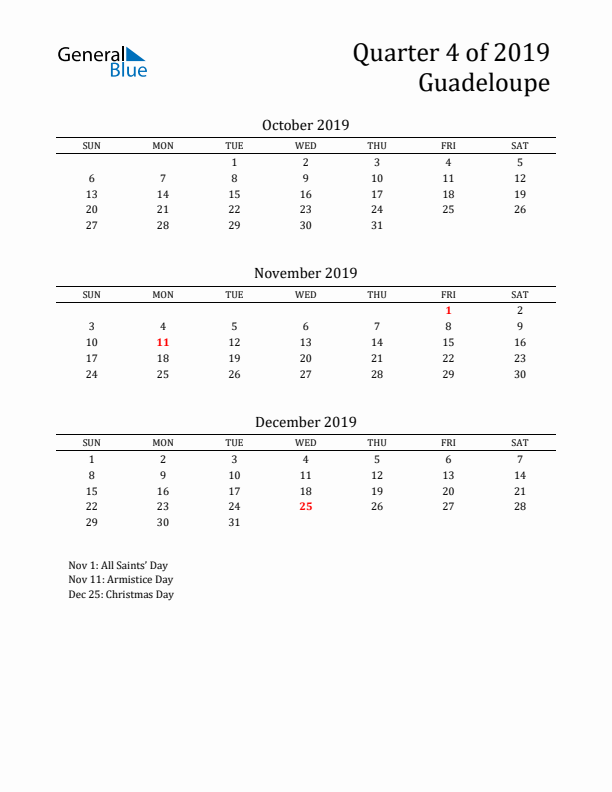 Quarter 4 2019 Guadeloupe Quarterly Calendar