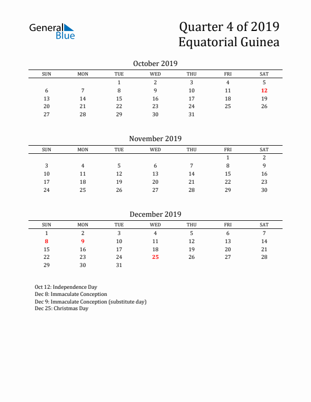 Quarter 4 2019 Equatorial Guinea Quarterly Calendar