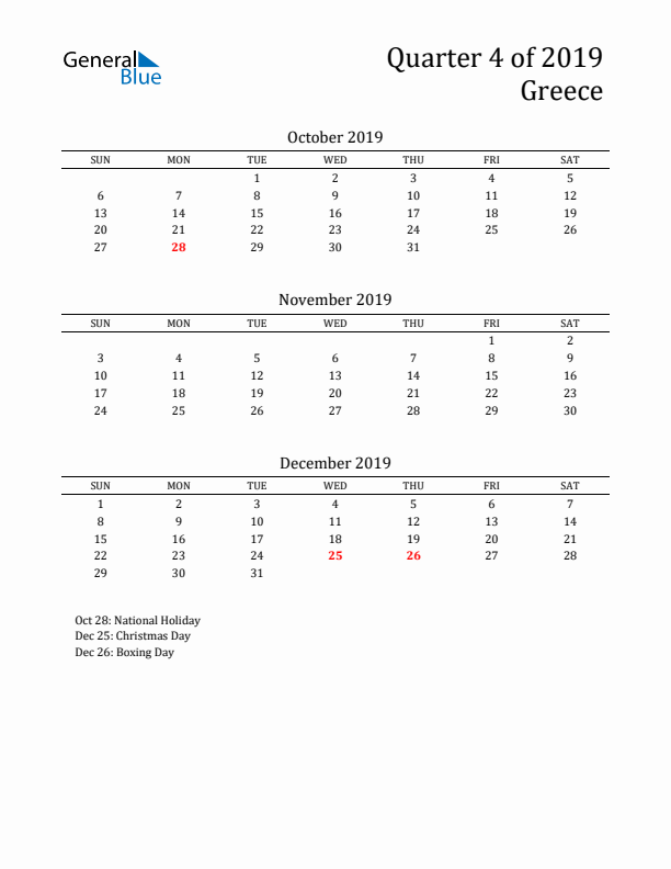 Quarter 4 2019 Greece Quarterly Calendar